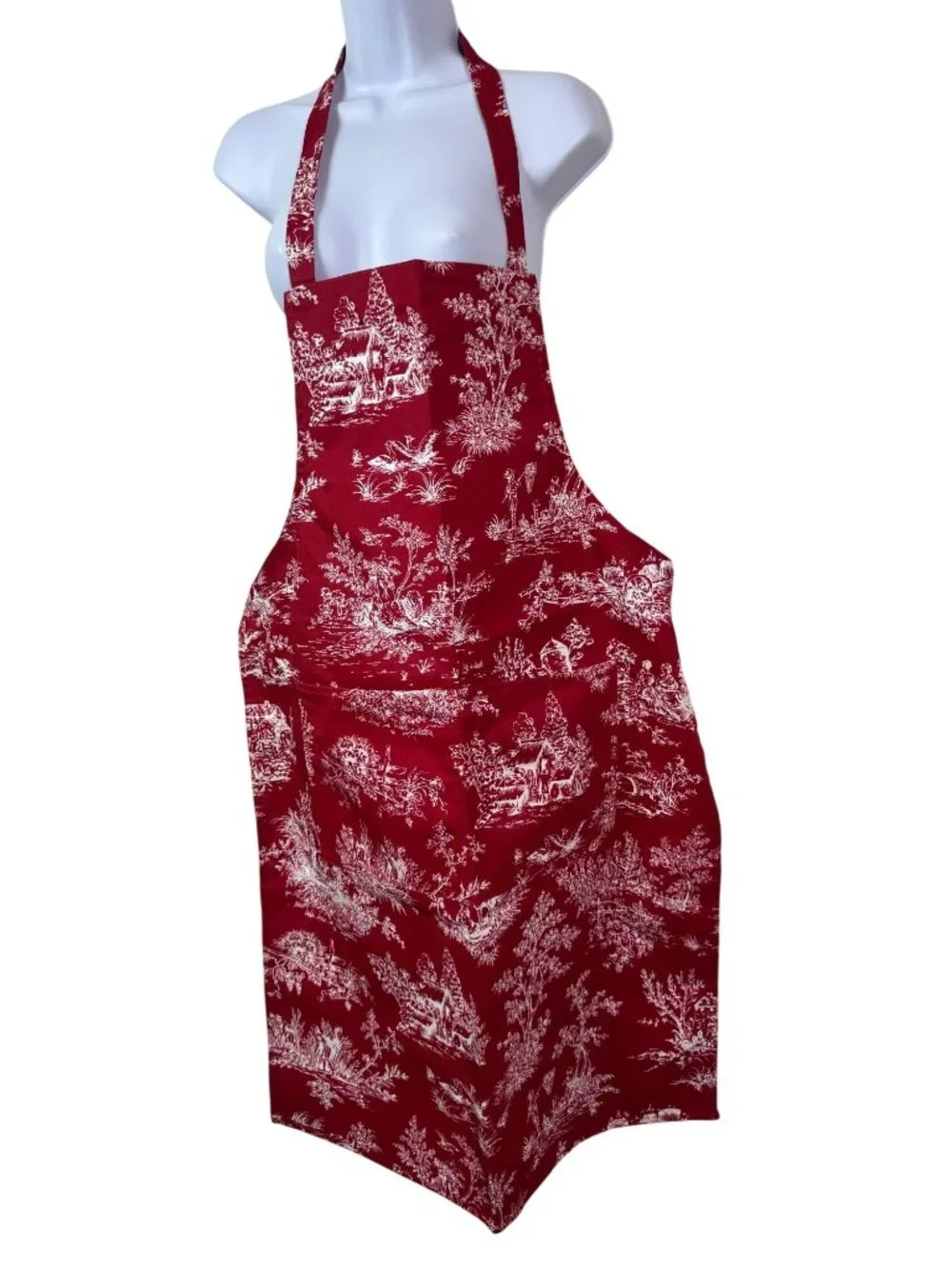 Williams Sonoma Red Toile Cotton Apron Pockets Made In USA OS Cabin artsy
